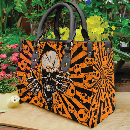 Orange Skull Burst Structured Tote Bag Multi-Pocket Handbag