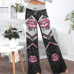 Pink Skull Lip Pattern Women's High-waisted Wide Leg Pants