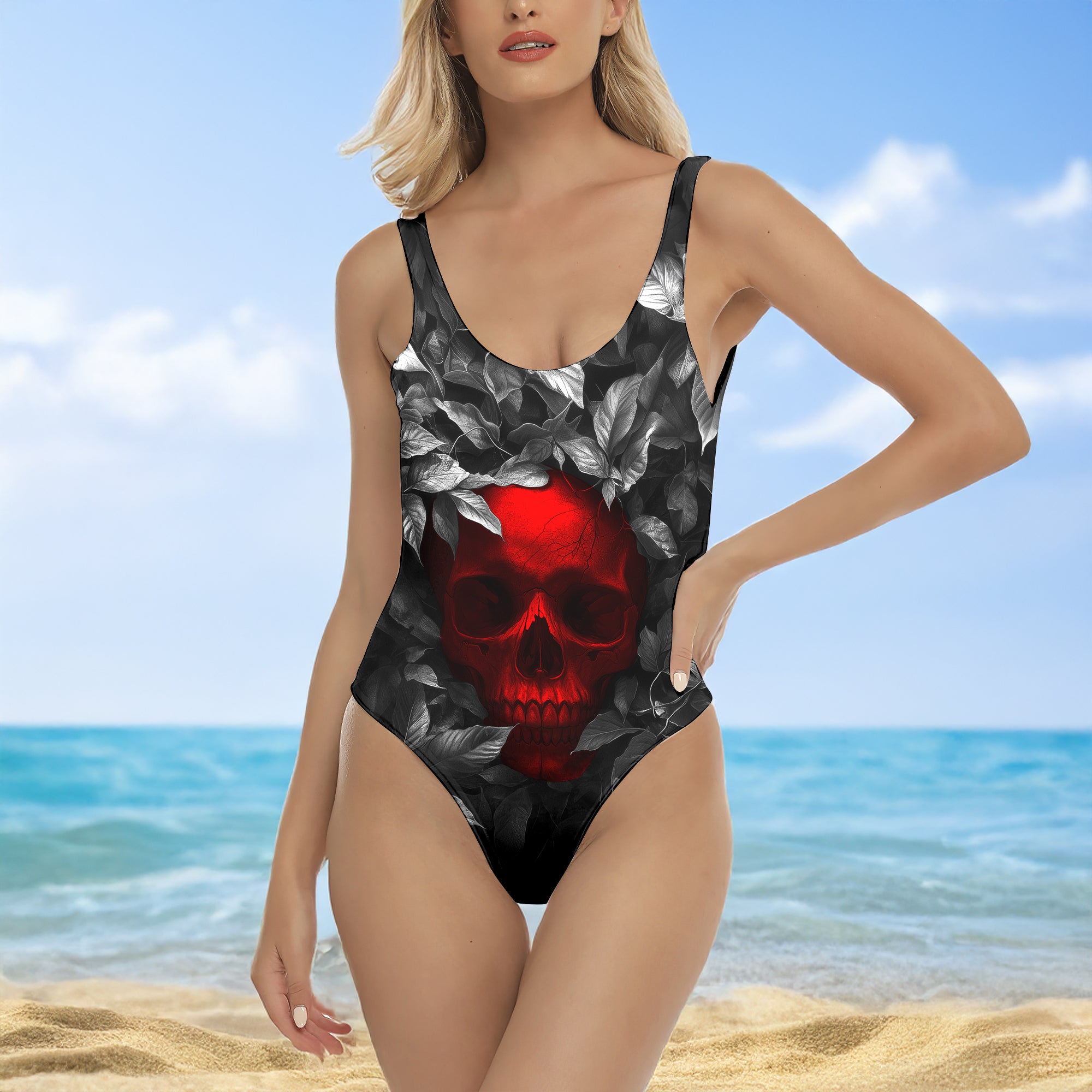 One Piece Bikini Inferno Skull Leaf Print Swimwear