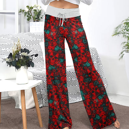 Red Seamless Skull Flower Women's High-waisted Wide Leg Pants