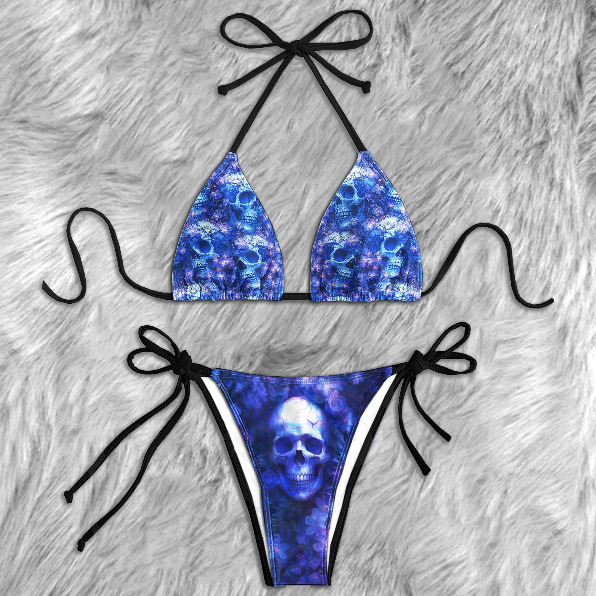 Ethereal Blue Floral Skull Micro Triangle Bikini Swimsuit