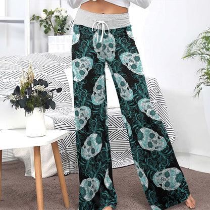 Gothic Teal Rose Skulls Women's High-waisted Wide Leg Pants