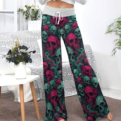 Toxic Pink Skulls Pattern Women's High-waisted Wide Leg Pants