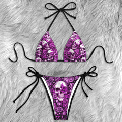 Gothic Lavender Bloom Skull Micro Triangle Bikini Swimsuit