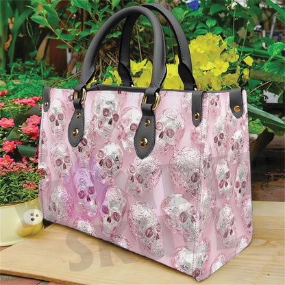 Pink Silver Rose Pattern Structured Tote Bag Multi-Pocket Handbag