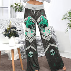 Green Skull Lip Pattern Women's High-waisted Wide Leg Pants