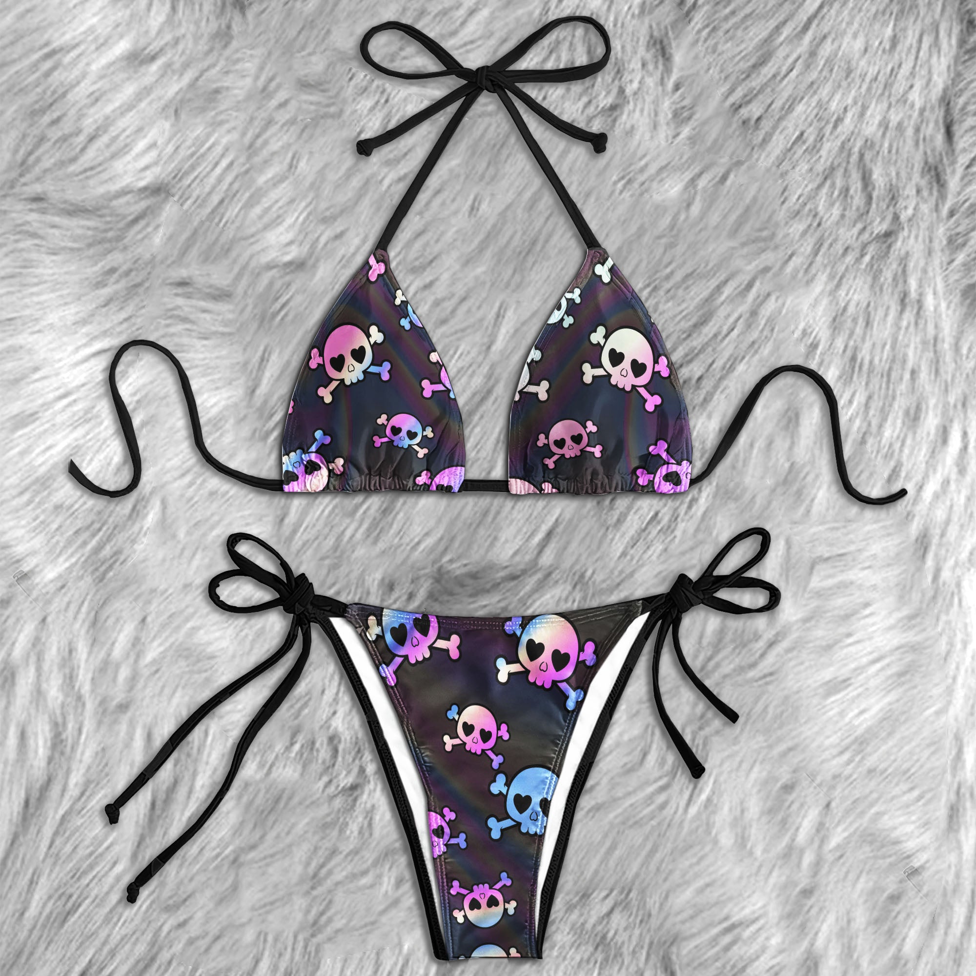 Holographic Pastel Skull Pattern Micro Triangle Bikini Swimsuit