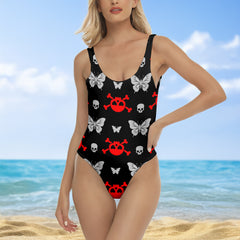 One Piece Bikini Crimson Punk Skull Pattern Print Swimwear
