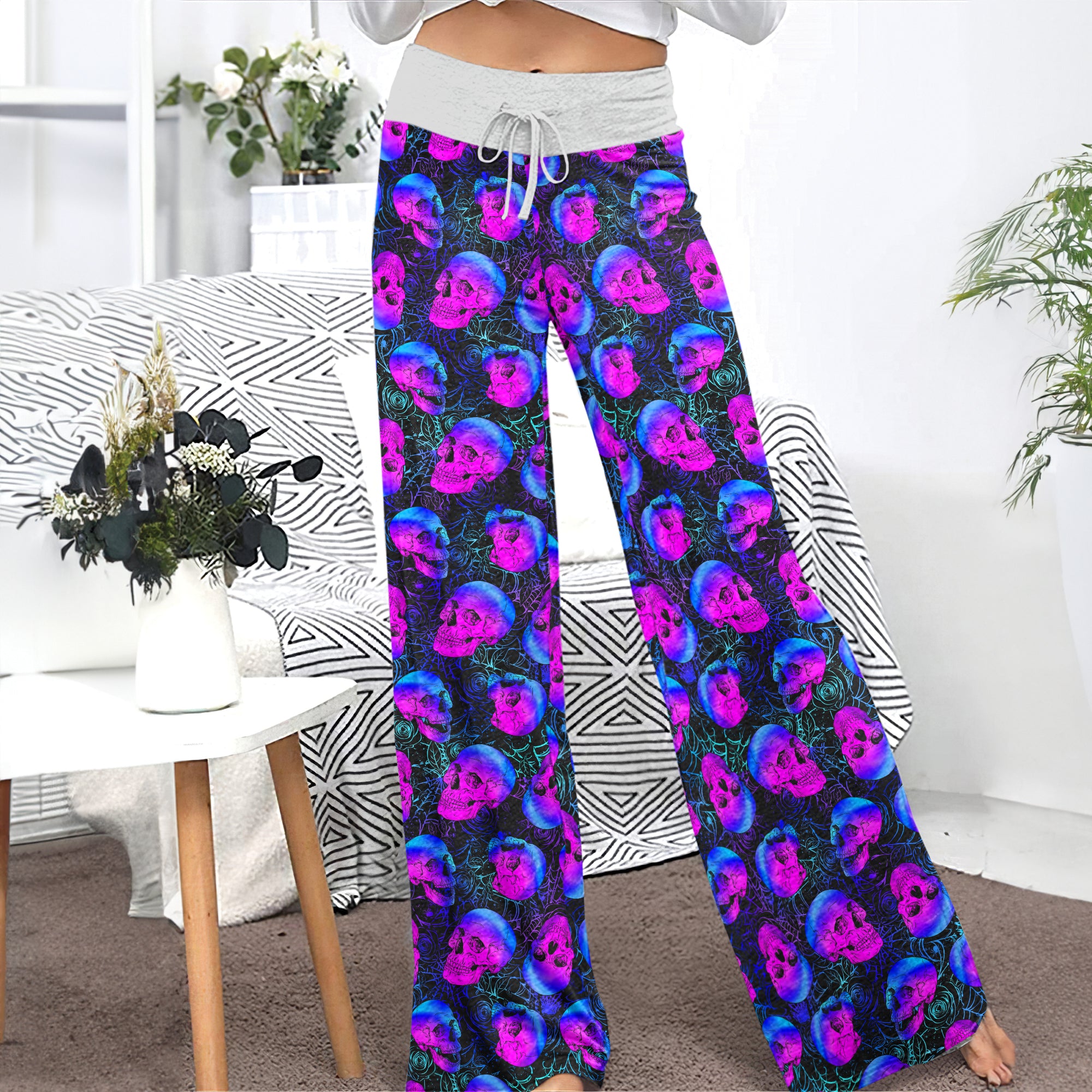 Gothic Neon Skull Webs Women's High-waisted Wide Leg Pants
