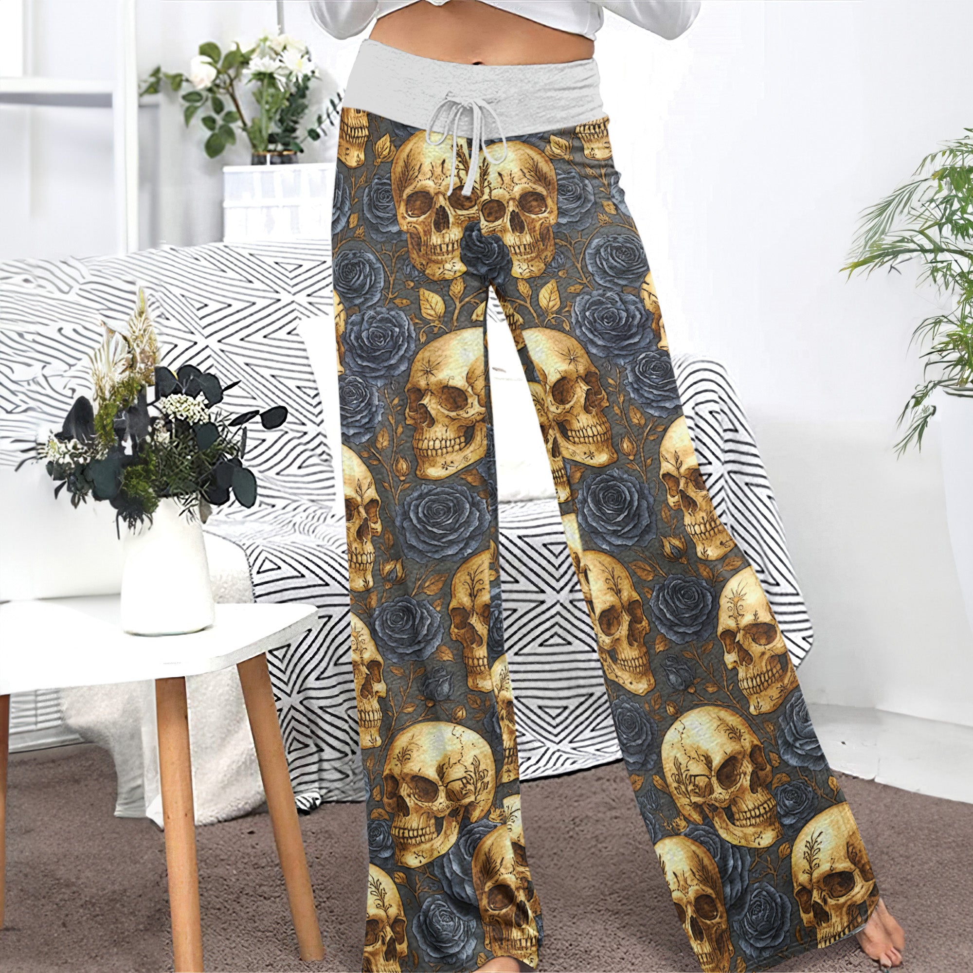 Gold Skull & Black Rose Women's High-waisted Wide Leg Pants