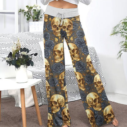 Gold Skull & Black Rose Women's High-waisted Wide Leg Pants