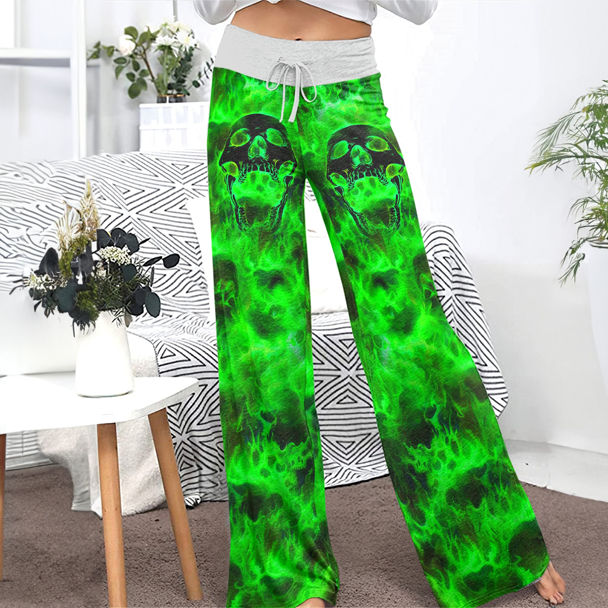 Green Skull Flaming Women's High-waisted Wide Leg Pants