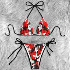 Gothic Crimson Butterfly Pattern Micro Triangle Bikini Swimsuit
