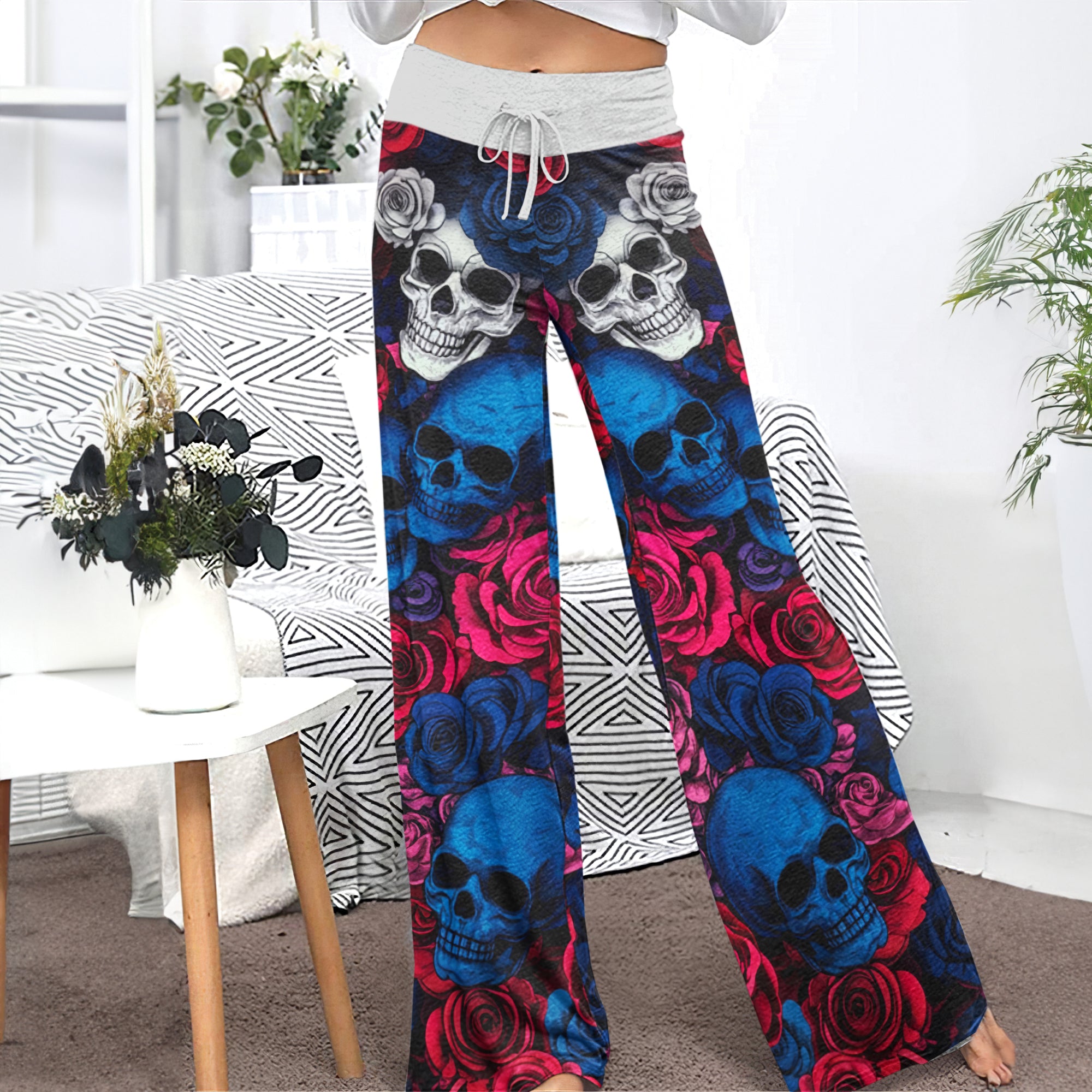 Rebel Rose Skull Pattern Women's High-waisted Wide Leg Pants