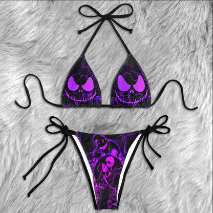 Dark Violet Couple Skeleton Micro Triangle Bikini Swimsuit