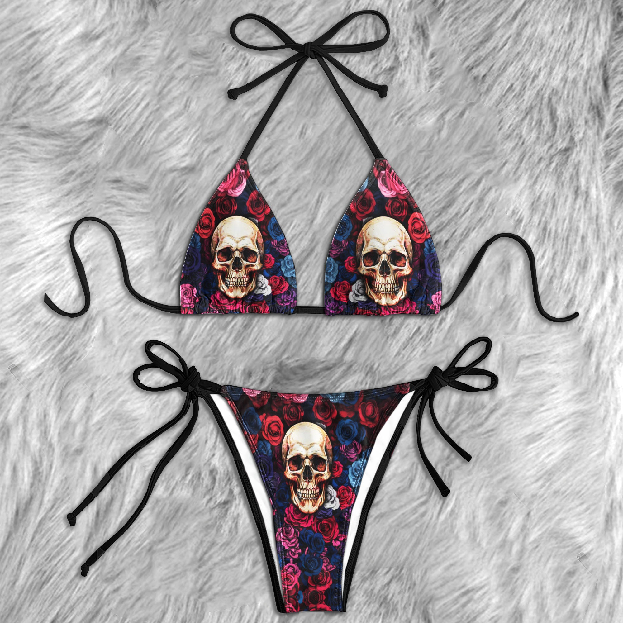 Vintage Skulls Roses Pattern Micro Triangle Bikini Swimsuit