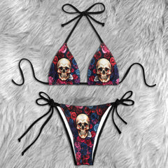 Vintage Skulls Roses Pattern Micro Triangle Bikini Swimsuit