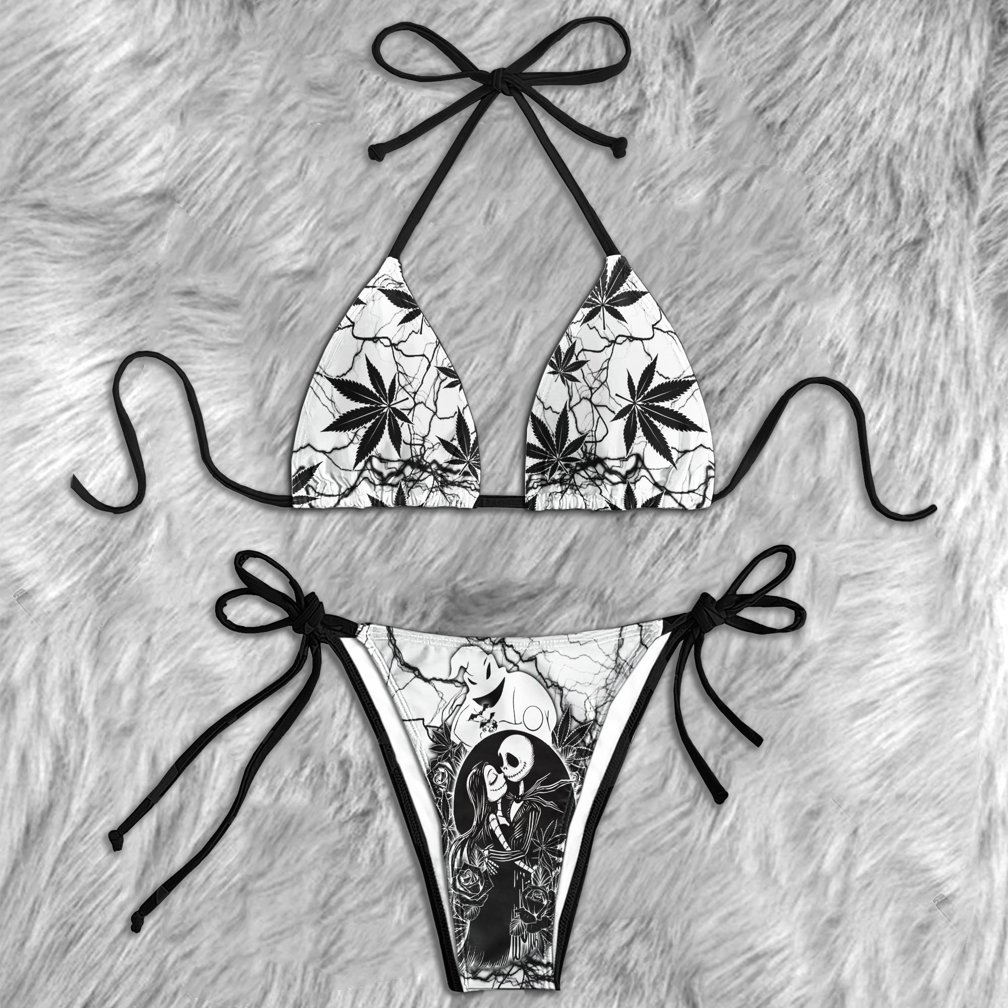 Black Couple Leaf Art Micro Triangle Bikini Swimsuit