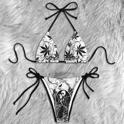 Black Couple Leaf Art Micro Triangle Bikini Swimsuit