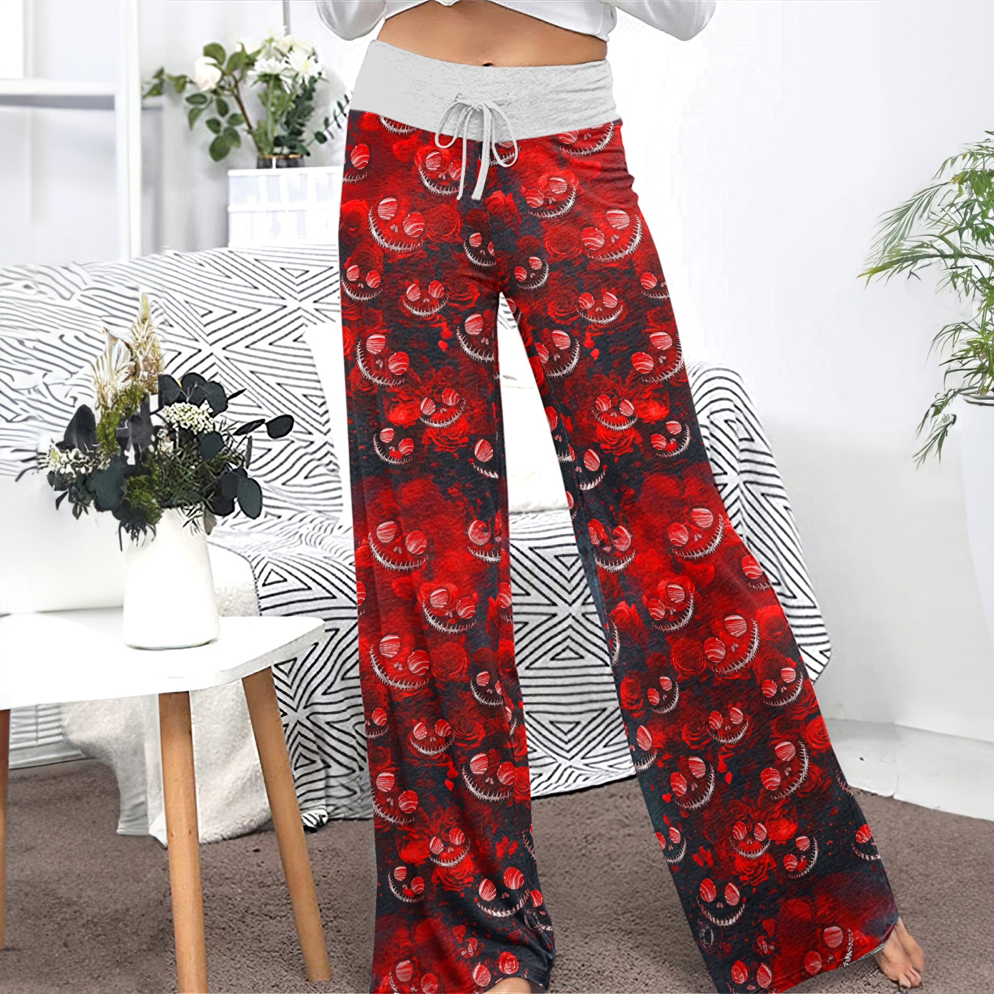 Red Face Skull Pattern Women's High-waisted Wide Leg Pants