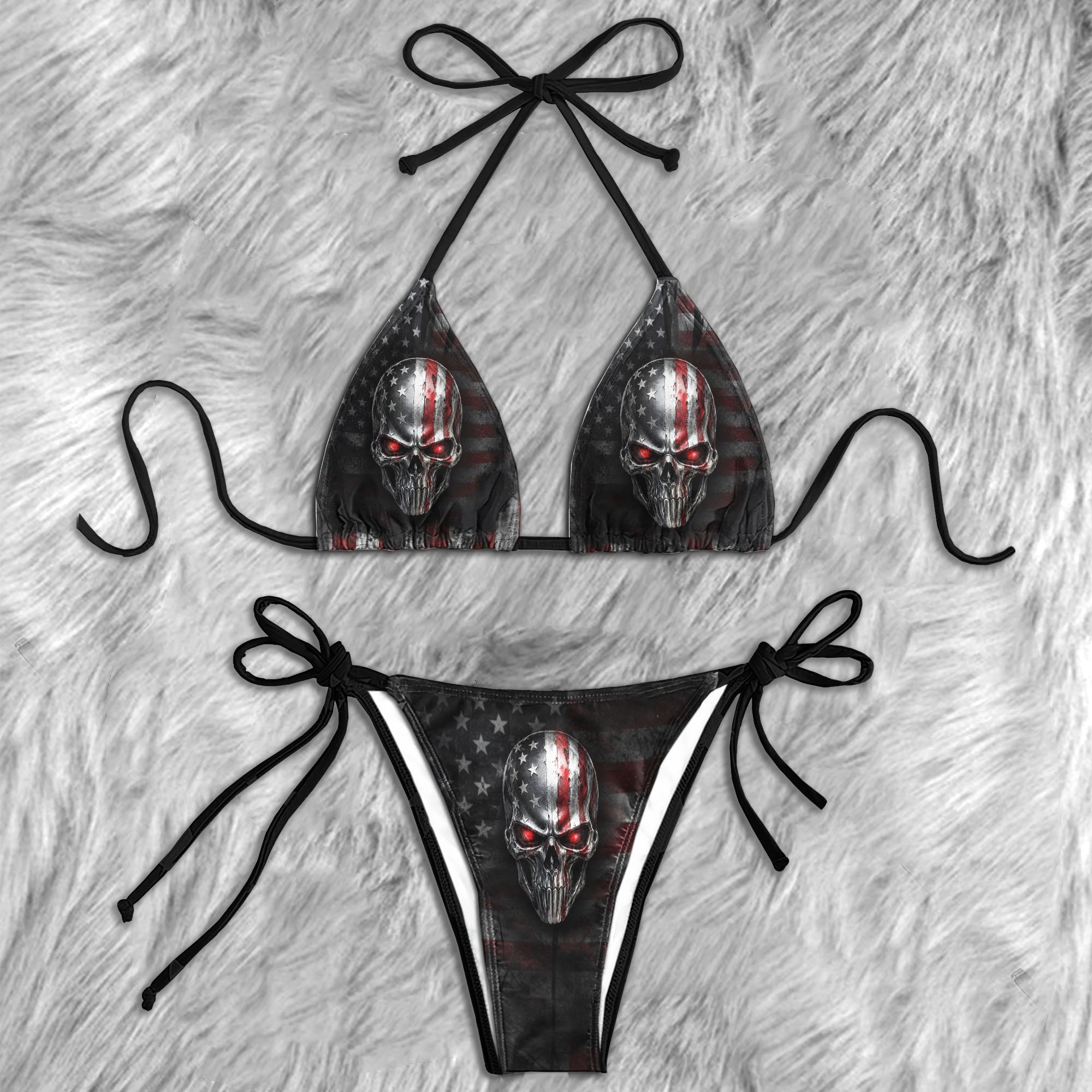 Hardcore Patriotic Skull Art Micro Triangle Bikini Swimsuit