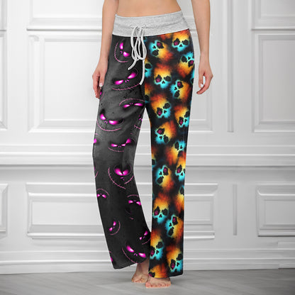 Neon Psychedelic Grin Pattern Women's High-waisted Wide Leg Pants