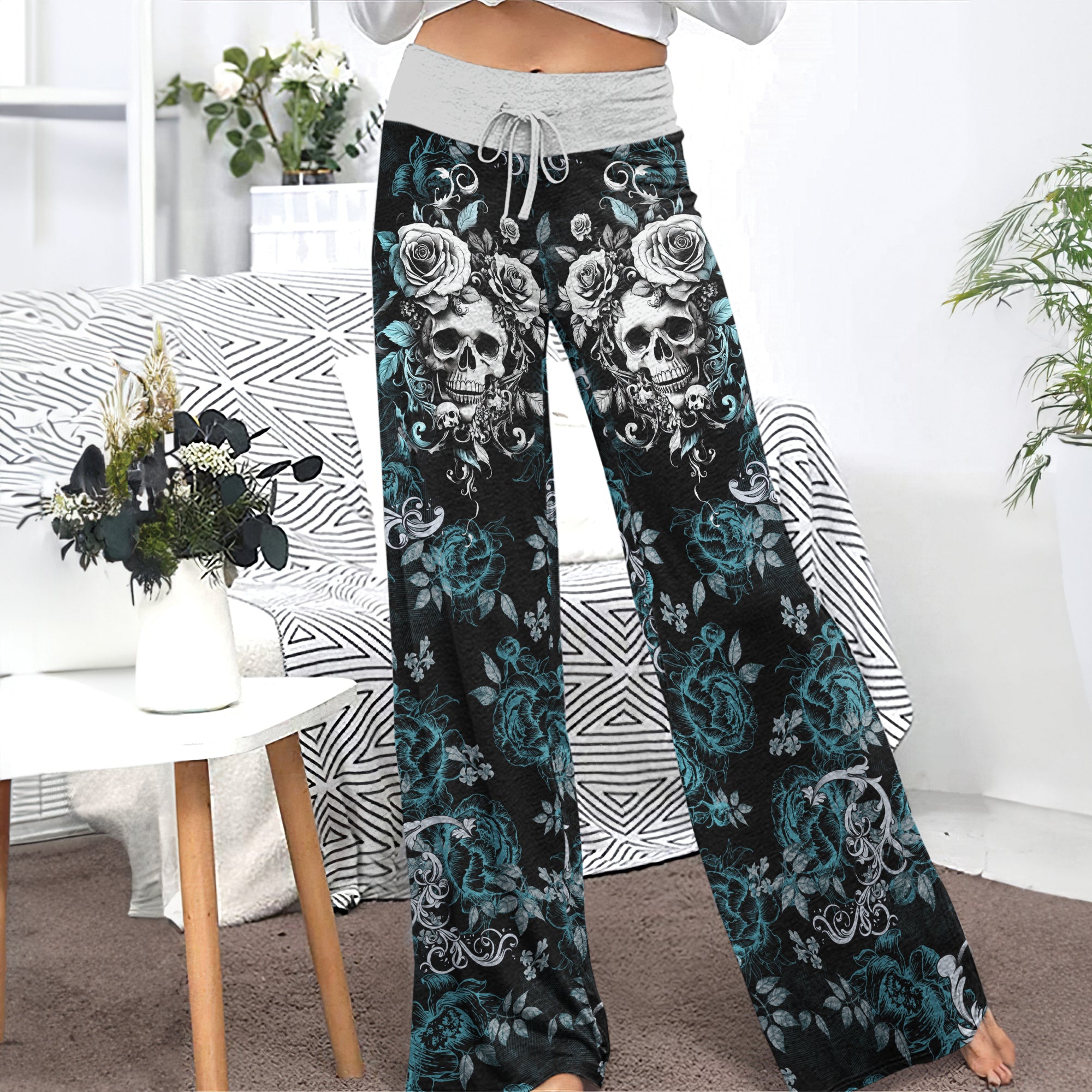 Cyan Skull Rose Floral Women's High-waisted Wide Leg Pants