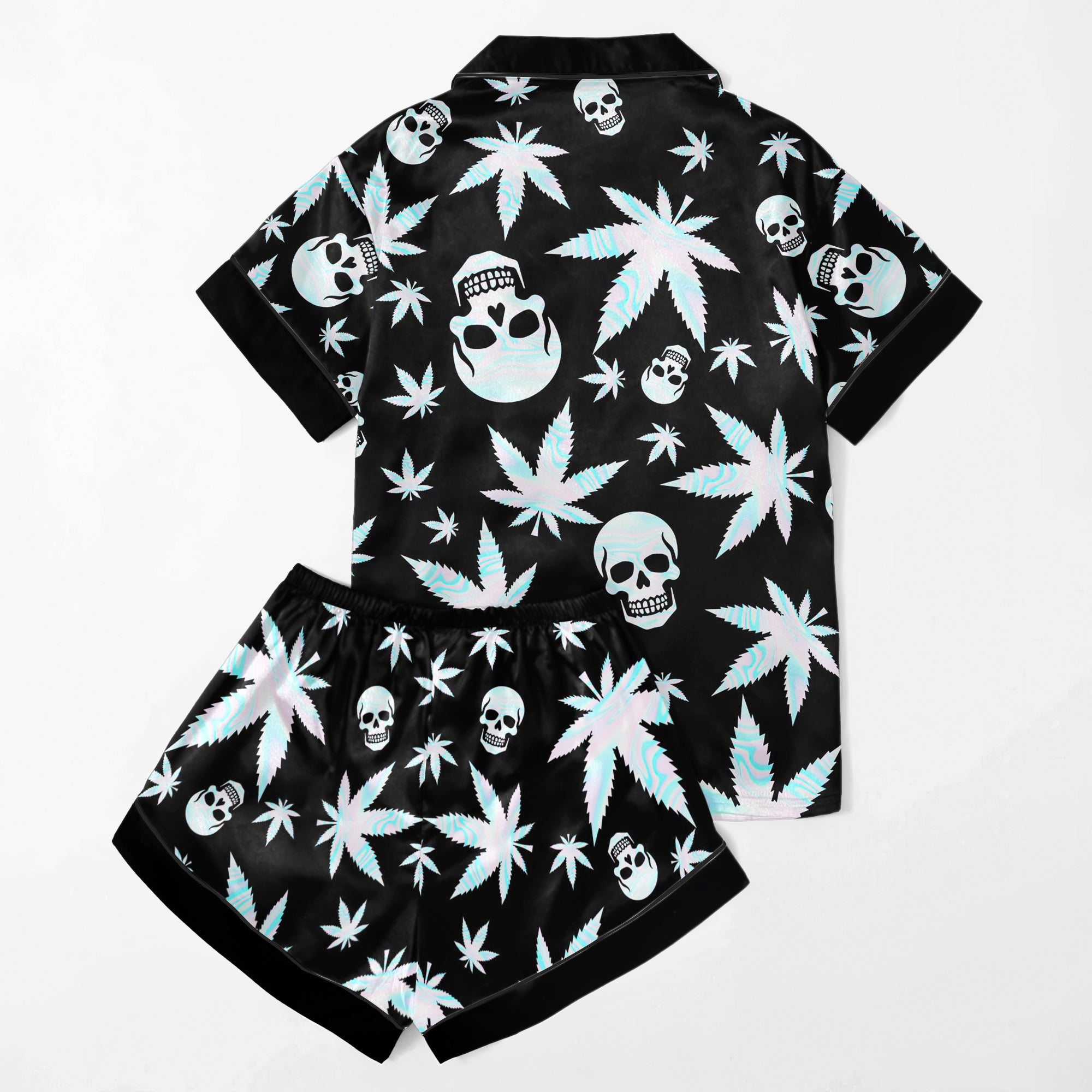 Holographic Skull Leaf Women's Pajama Sets Top Sleeve & Short Bottom