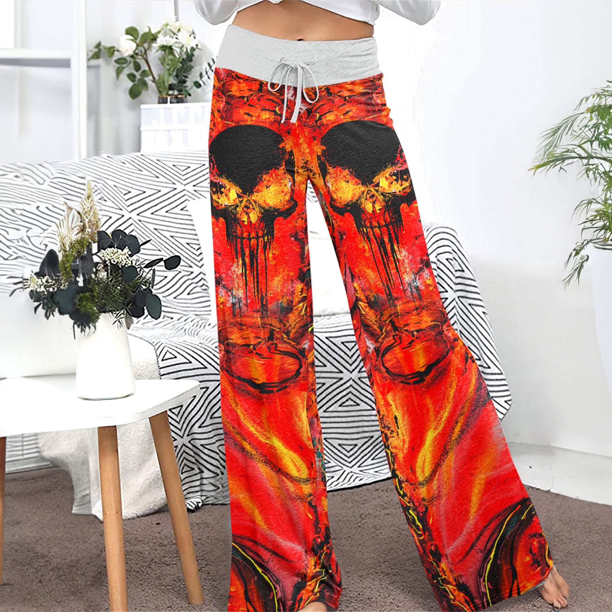 Volcanic Skull Art Women's High-waisted Wide Leg Pants