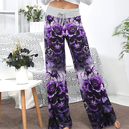 Purple Skull Rose Floral Women's High-waisted Wide Leg Pants | Wonder Skull