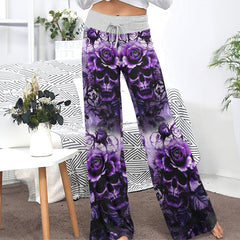 Purple Skull Rose Floral Women's High-waisted Wide Leg Pants | Wonder Skull