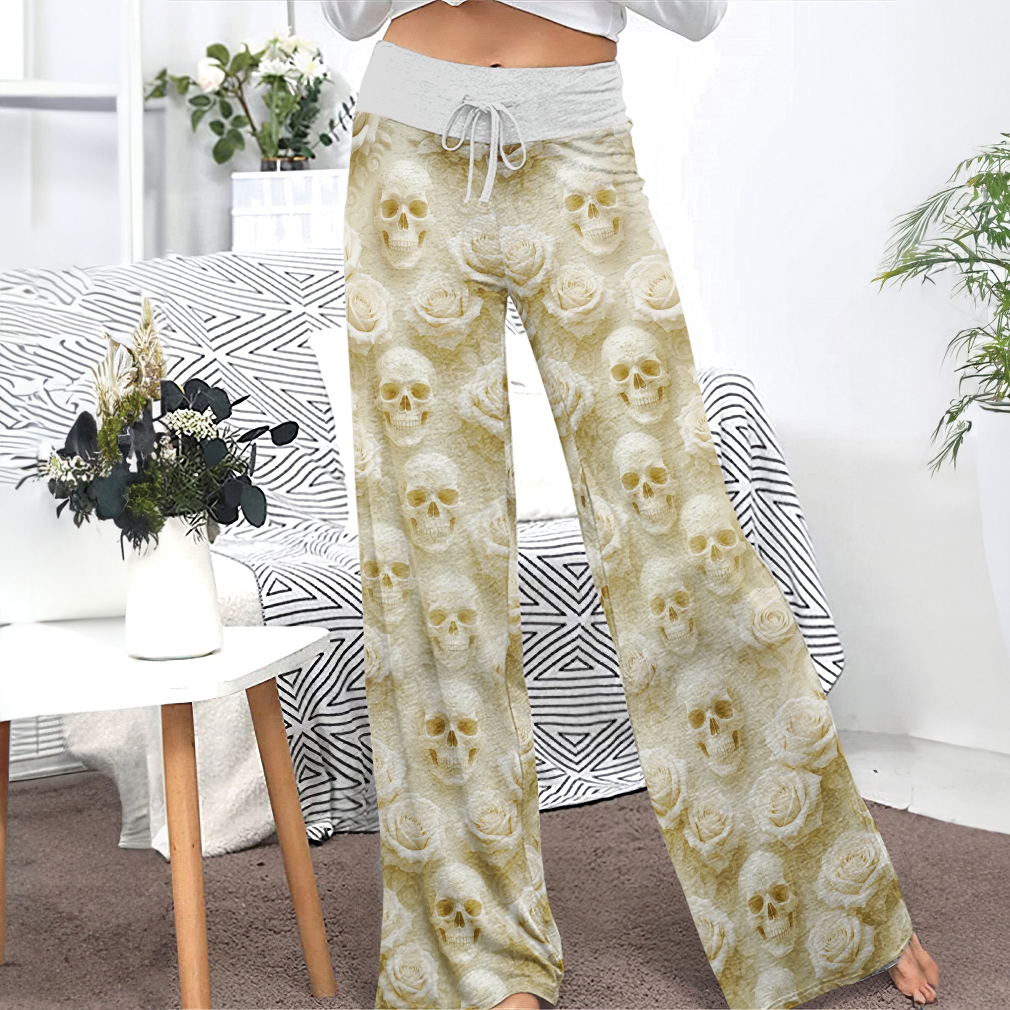 Skull Rose Garden Grace Women's High-waisted Wide Leg Pants