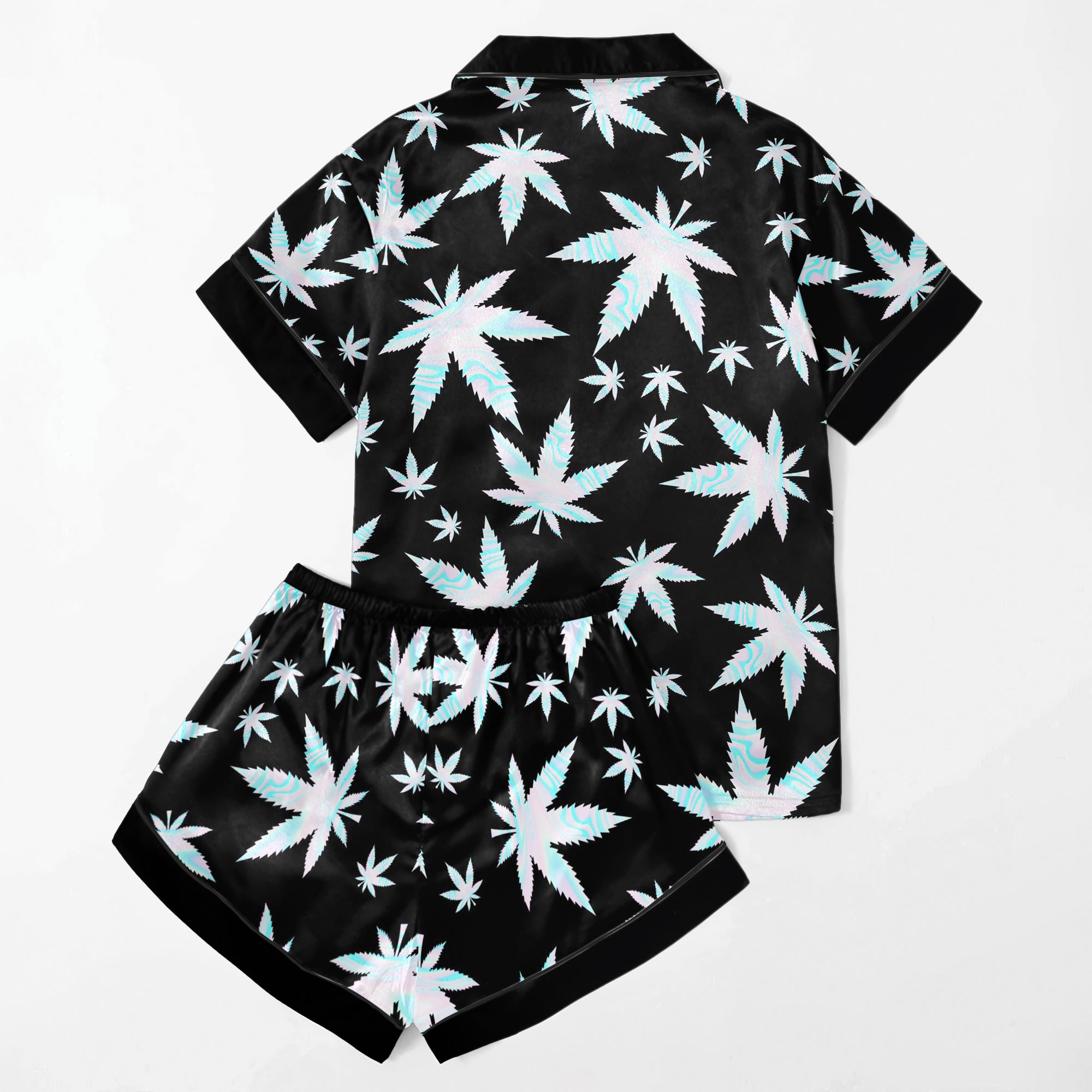 Holographic Leaf Pattern Women's Pajama Sets Top Sleeve & Short Bottom