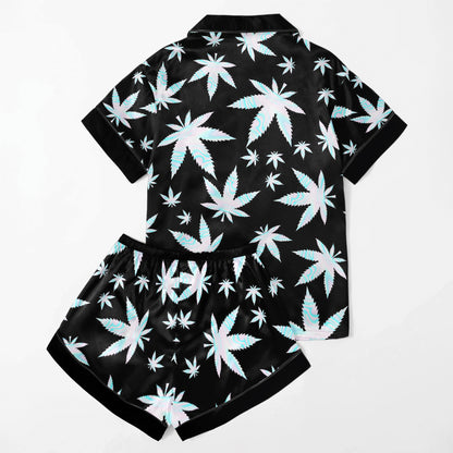 Holographic Leaf Pattern Women's Pajama Sets Top Sleeve & Short Bottom