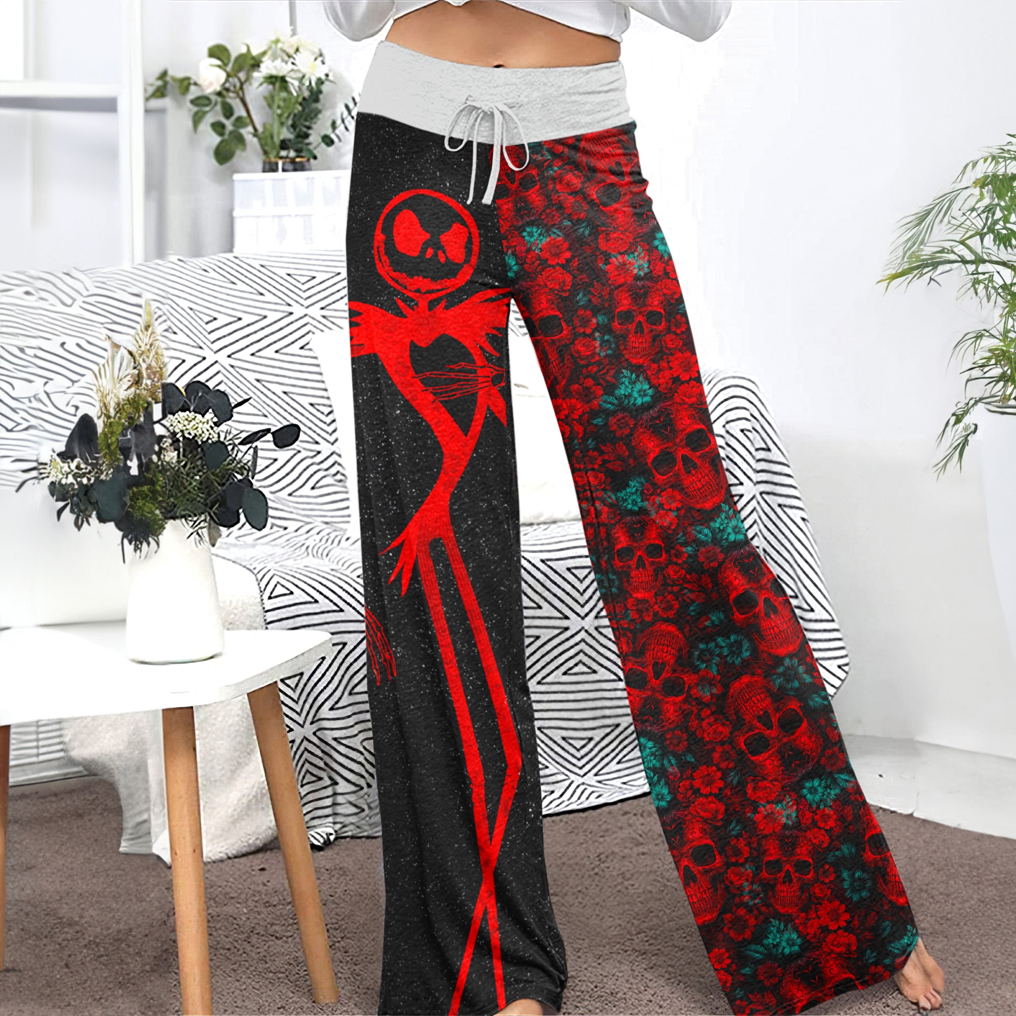 Red Skeleton Flower Art Women's High-waisted Wide Leg Pants