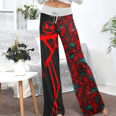 Red Skeleton Flower Art Women's High-waisted Wide Leg Pants