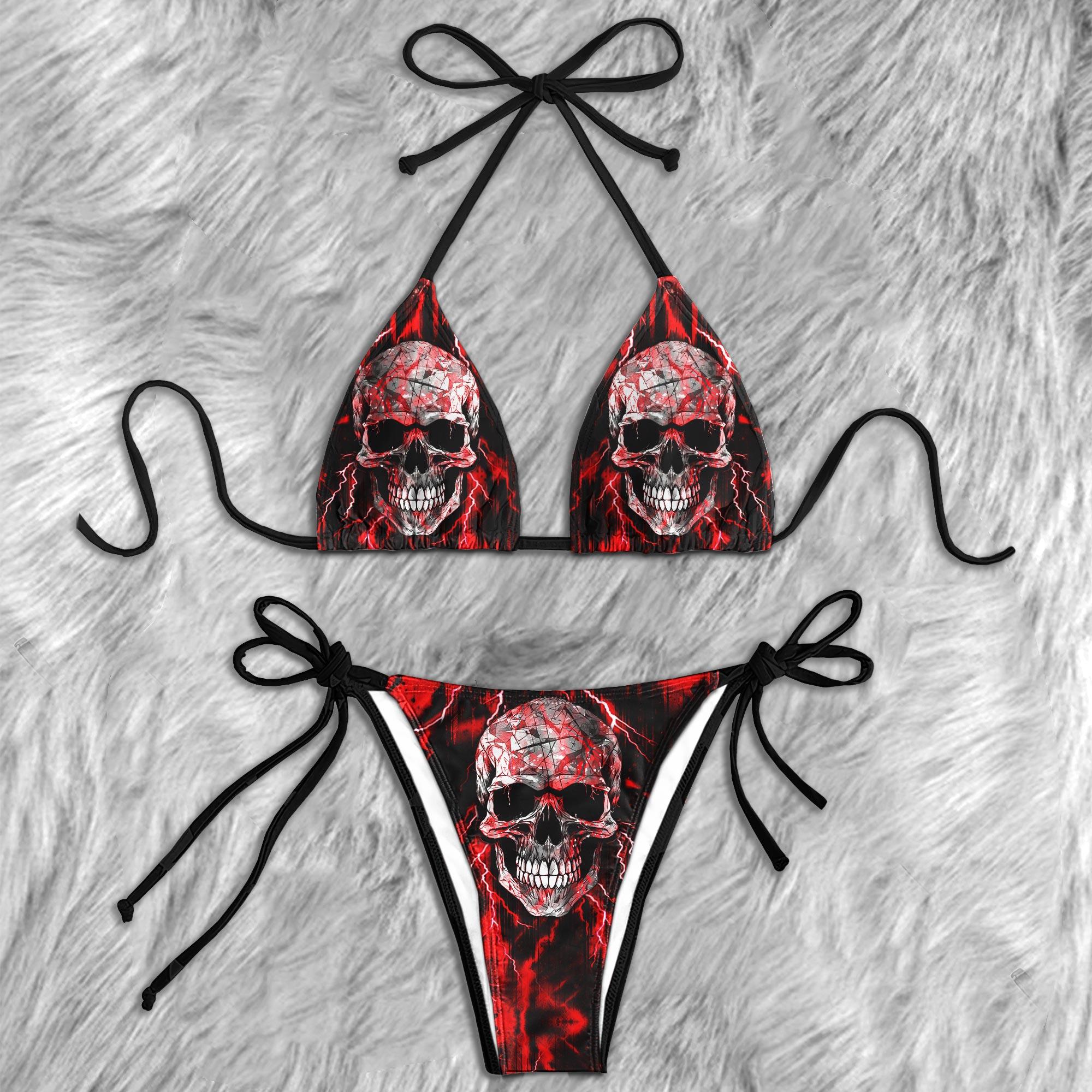 Red Thunder Cracked Skull Micro Triangle Bikini Swimsuit - Wonder Skull