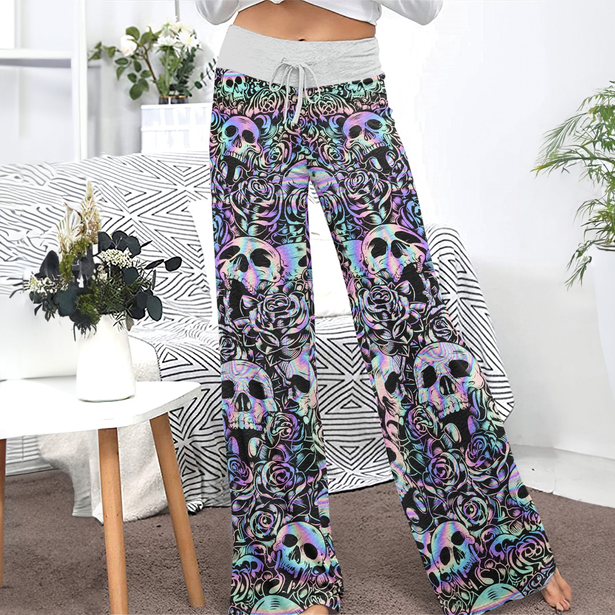 Holographic Skull Rose Women's High-waisted Wide Leg Pants