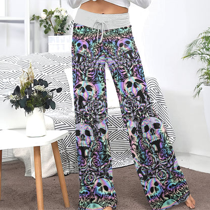 Holographic Skull Rose Women's High-waisted Wide Leg Pants