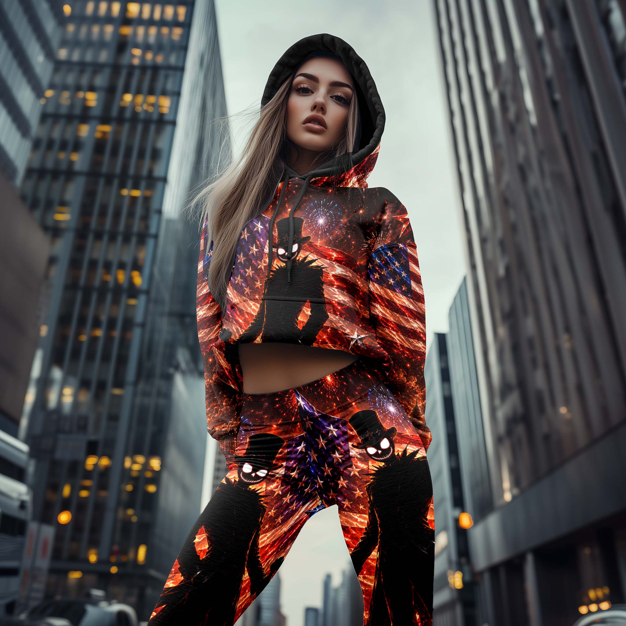 Women Hoodie and Leggings, Fiery Freedom Skull Gentleman Outwear Pants Outfit