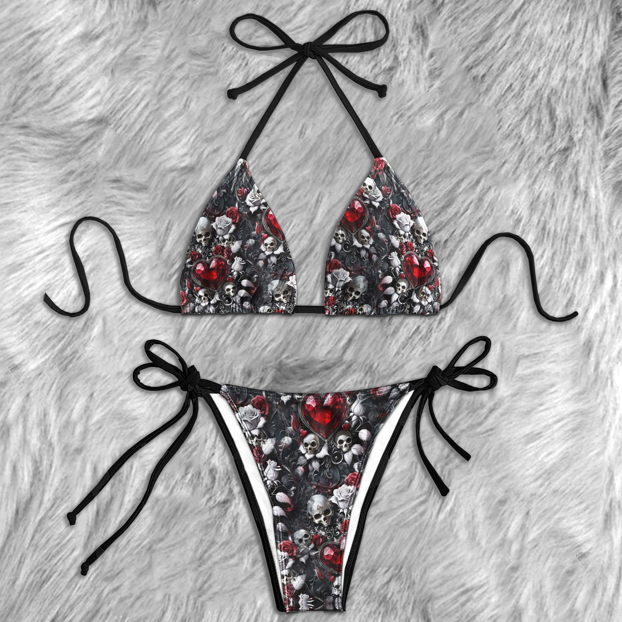 Gothic Skull Floral Pattern Micro Triangle Bikini Swimsuit
