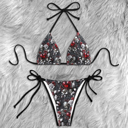 Gothic Skull Floral Pattern Micro Triangle Bikini Swimsuit