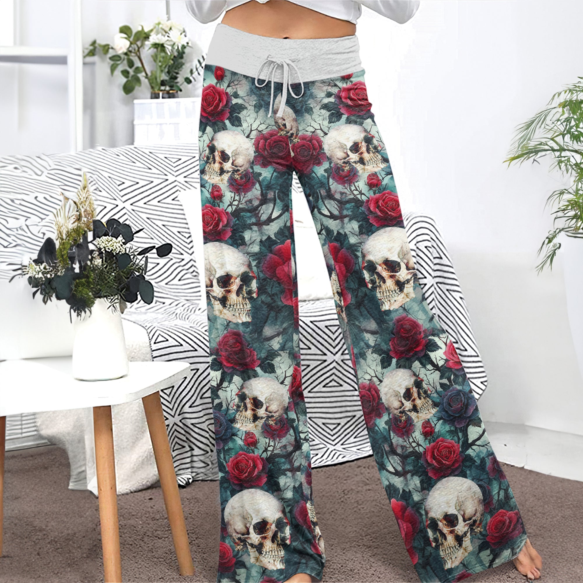 Rose Skull Pattern Thorns Women's High-waisted Wide Leg Pants