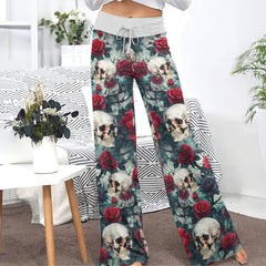 Rose Skull Pattern Thorns Women's High-waisted Wide Leg Pants