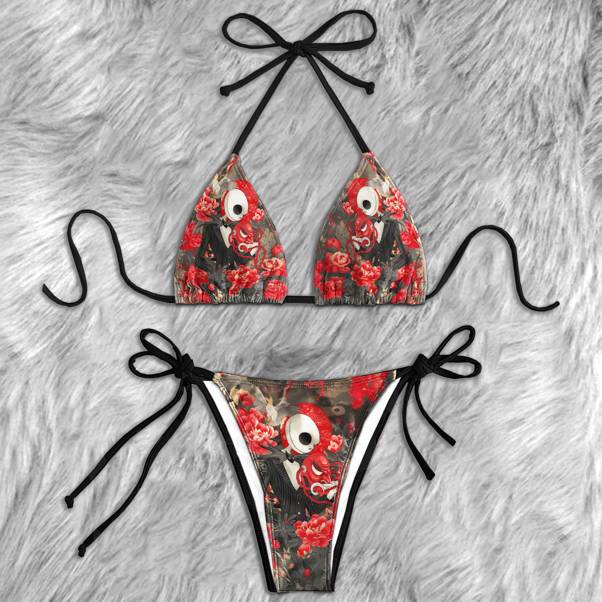 Skeleton Red Flower Art Micro Triangle Bikini Swimsuit