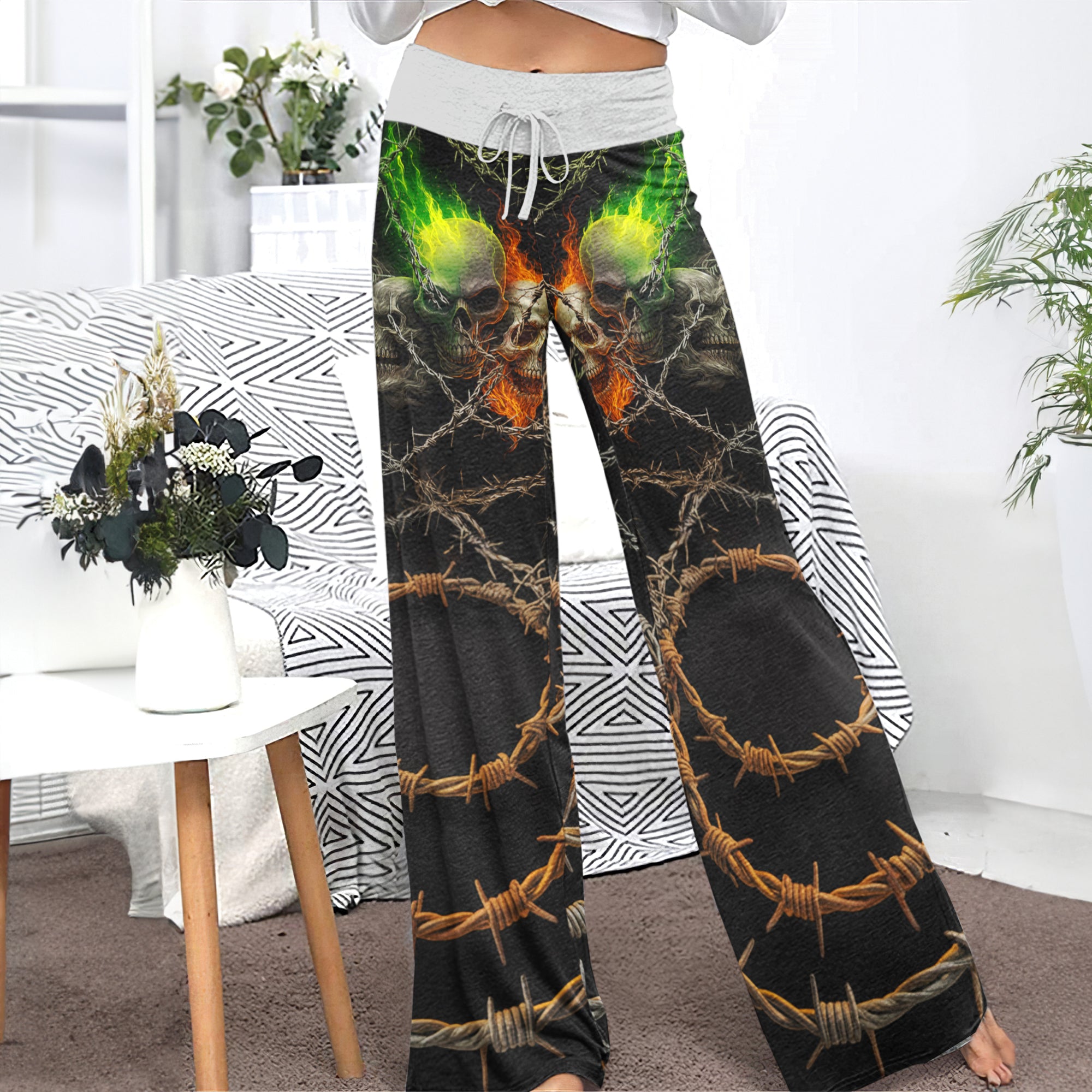 Barbed Trinity Skull Women's High-waisted Wide Leg Pants