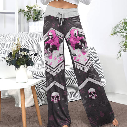 Pink Skeleton Art Pattern Lip Pattern Women's High-waisted Wide Leg Pants
