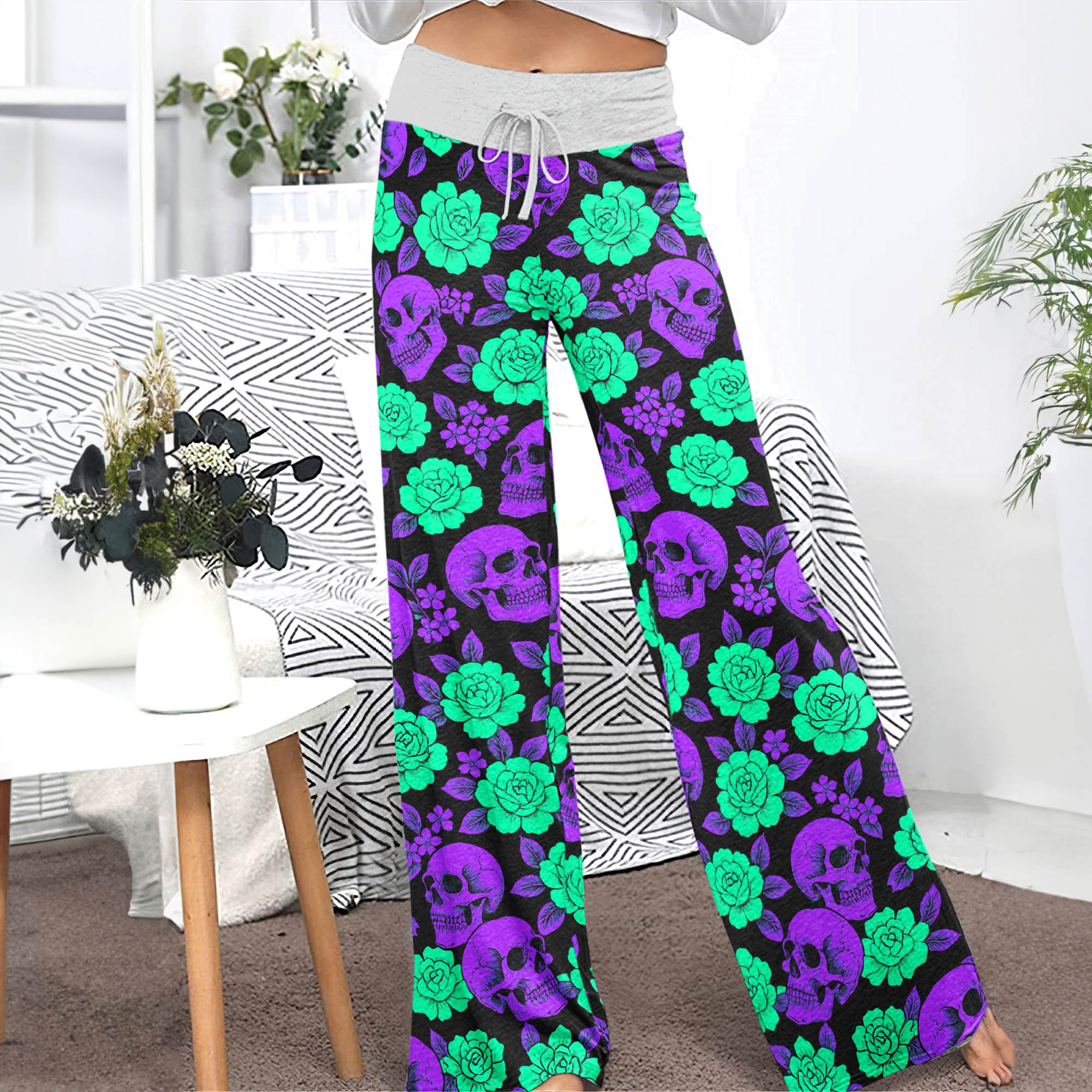 Neon Glowing Skulls Roses Women's High-waisted Wide Leg Pants