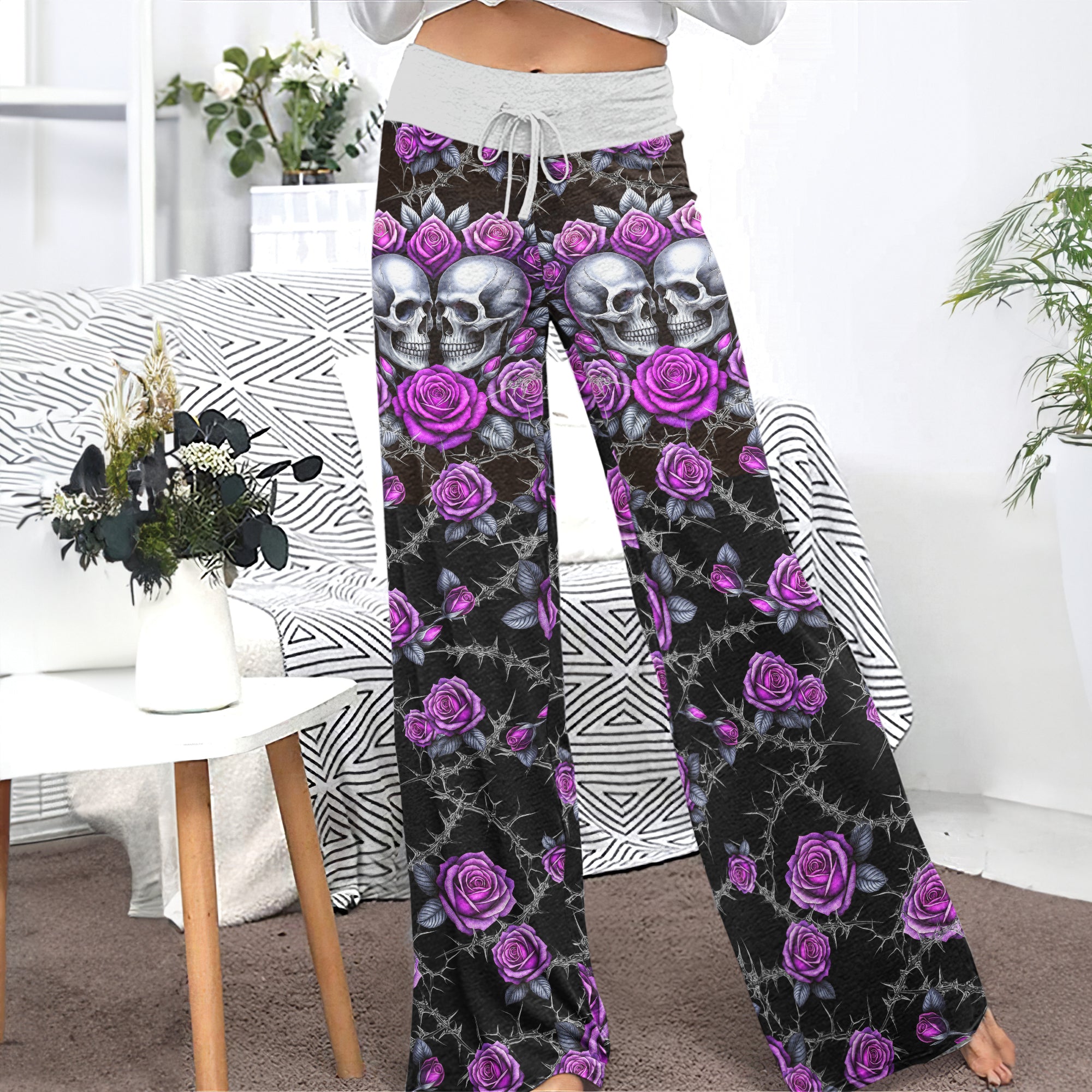 Purple Couple Skull Rose Women's High-waisted Wide Leg Pants