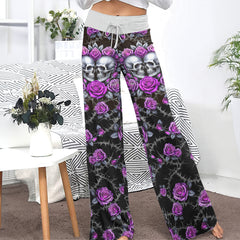 Purple Couple Skull Rose Women's High-waisted Wide Leg Pants